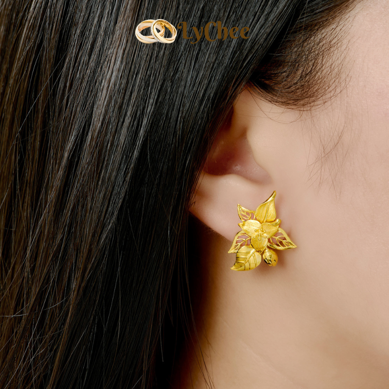 Bông tai cưới Vàng 24K Lychee Trầu Cau - Lê Thị Bảo Ngọc