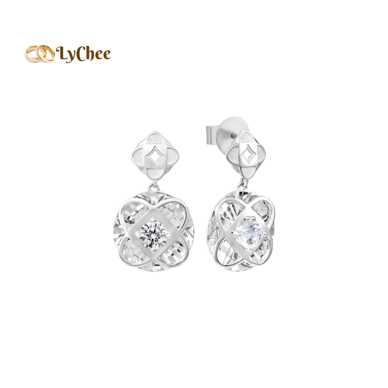 Bông tai Vàng trắng 10K đính đá ECZ Kim Bảo Như Ý-Lê Thị Bảo Ngọc