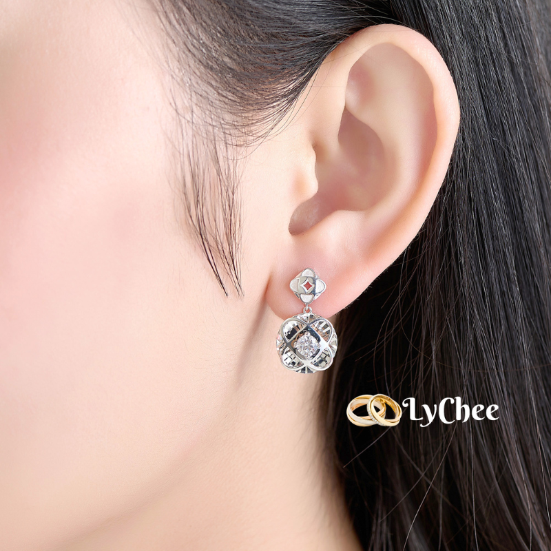 Bông tai Vàng trắng 10K đính đá ECZ Kim Bảo Như Ý-Lê Thị Bảo Ngọc